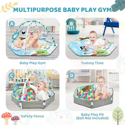 Baby Gym Play Mat, 8-in-1 Tummy Time Mat & Ball Pit with 6 Toys, Washable Baby Activity Play Mat for Visual, Hearing, Sensory
