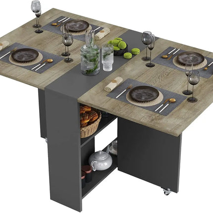 Folding Dining Table with 2 Storage Racks, Drop Leaf Table with 6 Wheels, Multifunction Expandable Table for Kitchen, Bedroom