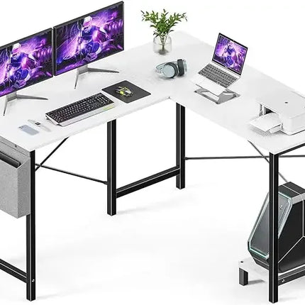 L Shaped Computer Desk Wood Corner PC Gaming Table with Side Storage Bag for Home Office Small Spaces, White