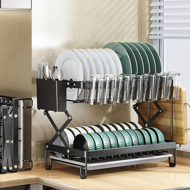 2tier Foldable Dish Storage Rack with Drying Tray Kitchen Countertop Multifuctional organizer Easy to installation Black White