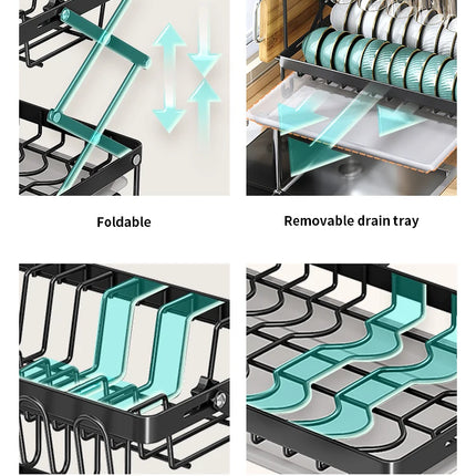 2tier Foldable Dish Storage Rack with Drying Tray Kitchen Countertop Multifuctional organizer Easy to installation Black White