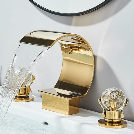 Gold Waterfall Bathroom Faucet Crane Crystal Handle Widespread Hot Cold Water Mixer Tap Torneiras For Basin Taps