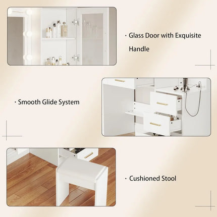 58.3" Large Vanity Desk with Mirror & Lights, Makeup Vanity with 10 LED Lights,8 Metal Sliding Drawers & 2 Cabinets,White Vanity