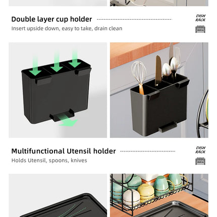 2 tier dish drying rack drain board set tableware drainer Kitchen countertop storage rack cup holder Knife and fork holder