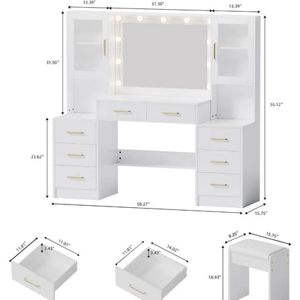 58.3" Large Vanity Desk with Mirror & Lights, Makeup Vanity with 10 LED Lights,8 Metal Sliding Drawers & 2 Cabinets,White Vanity