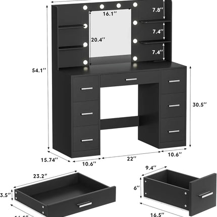 Vanity Desk with LED Lighted Mirror&Power Outlet, 3 Model Lights Makeup Vanity Table with 7 Drawers and 6 Storage Shelves