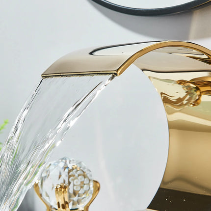 Gold Waterfall Bathroom Faucet Crane Crystal Handle Widespread Hot Cold Water Mixer Tap Torneiras For Basin Taps