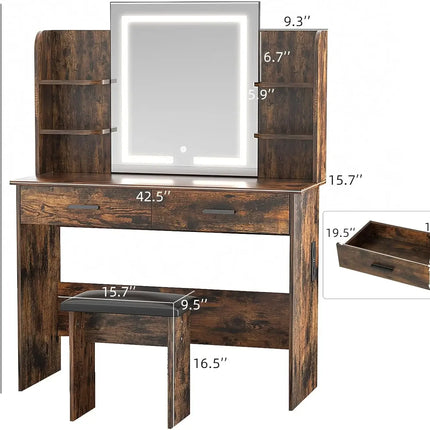 Vanity with Lighted Mirror, Makeup Vanity Desk with Power Outlet, 3 Color Light Options Adjustable Brightness, Vanity Table