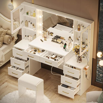 58.3" Large Vanity Desk with Mirror & Lights, Makeup Vanity with 10 LED Lights,8 Metal Sliding Drawers & 2 Cabinets,White Vanity