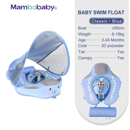 Mambobaby Baby Float with Sunshade Canopy and Crotch Strap Inflatable-free Safe Core Swimming Pool Accessory Bathroom Water Toy