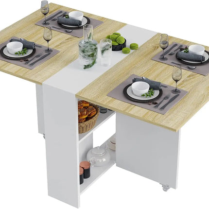 Folding Dining Table with 2 Storage Racks, Drop Leaf Table with 6 Wheels, Multifunction Expandable Table for Kitchen, Bedroom