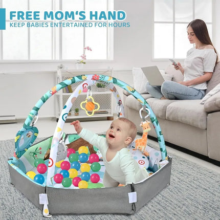 Baby Gym Play Mat, 8-in-1 Tummy Time Mat & Ball Pit with 6 Toys, Washable Baby Activity Play Mat for Visual, Hearing, Sensory