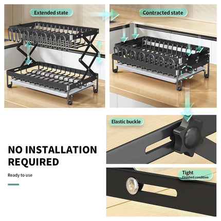 2tier Foldable Dish Storage Rack with Drying Tray Kitchen Countertop Multifuctional organizer Easy to installation Black White