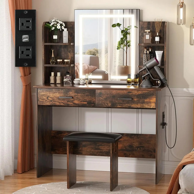 Vanity with Lighted Mirror, Makeup Vanity Desk with Power Outlet, 3 Color Light Options Adjustable Brightness, Vanity Table