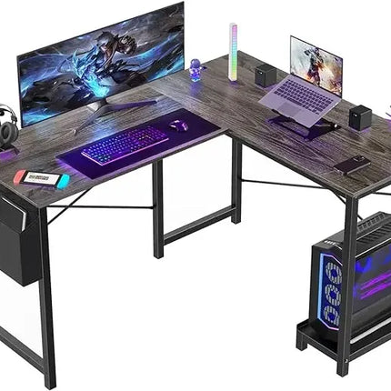 L Shaped Computer Desk Wood Corner PC Gaming Table with Side Storage Bag for Home Office Small Spaces, White