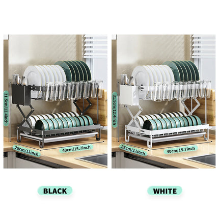2tier Foldable Dish Storage Rack with Drying Tray Kitchen Countertop Multifuctional organizer Easy to installation Black White