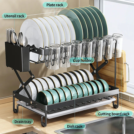 2tier Foldable Dish Storage Rack with Drying Tray Kitchen Countertop Multifuctional organizer Easy to installation Black White