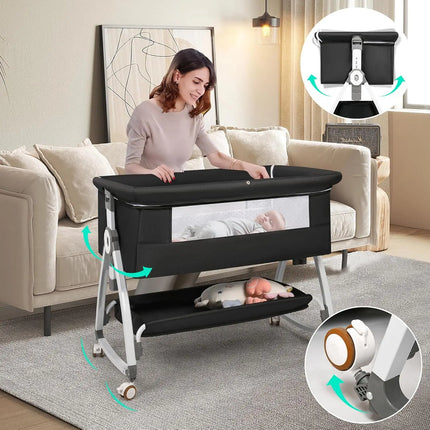 Baby Bassinet Bedside Sleeper, 3 in 1 Rocking Bassinet for Baby, Bassinet Bedside Sleeper with Wheels, Adjustable Height, S