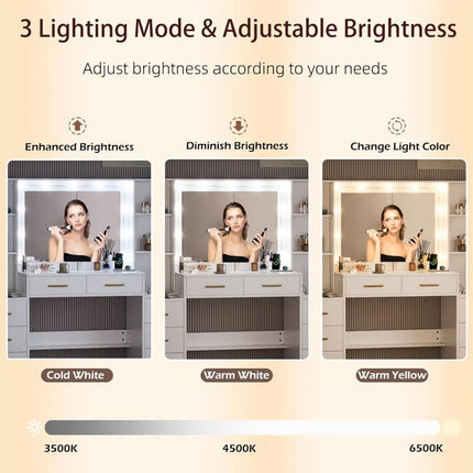 58.3" Large Vanity Desk with Mirror & Lights, Makeup Vanity with 10 LED Lights,8 Metal Sliding Drawers & 2 Cabinets,White Vanity