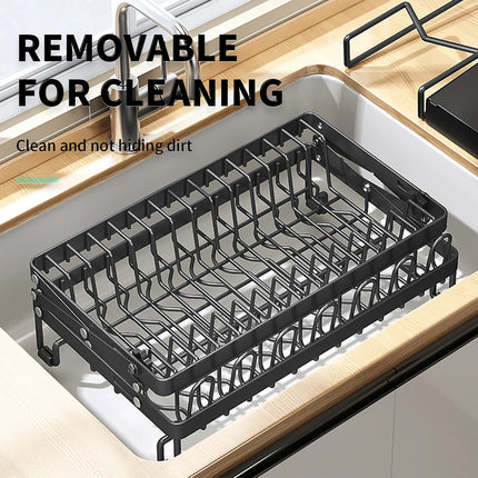 2tier Foldable Dish Storage Rack with Drying Tray Kitchen Countertop Multifuctional organizer Easy to installation Black White