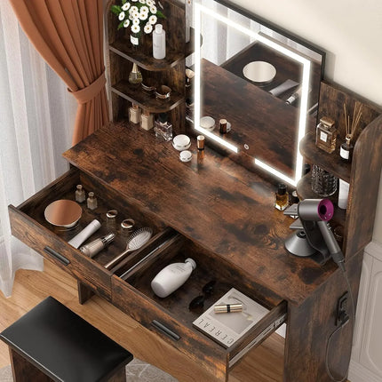 Vanity with Lighted Mirror, Makeup Vanity Desk with Power Outlet, 3 Color Light Options Adjustable Brightness, Vanity Table