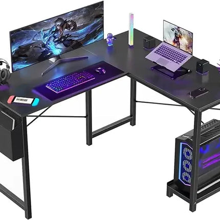 L Shaped Computer Desk Wood Corner PC Gaming Table with Side Storage Bag for Home Office Small Spaces, White
