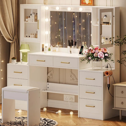 58.3" Large Vanity Desk with Mirror & Lights, Makeup Vanity with 10 LED Lights,8 Metal Sliding Drawers & 2 Cabinets,White Vanity