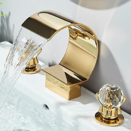 Gold Waterfall Bathroom Faucet Crane Crystal Handle Widespread Hot Cold Water Mixer Tap Torneiras For Basin Taps