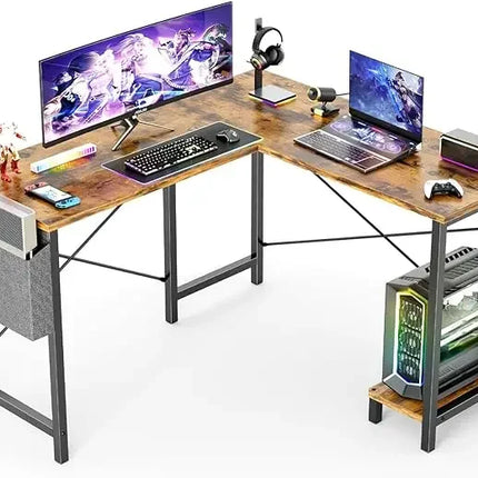 L Shaped Computer Desk Wood Corner PC Gaming Table with Side Storage Bag for Home Office Small Spaces, White