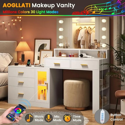 Dresser with Mirror and Lights and Charging Station Furniture Dressing Table Multifunctional Dressers