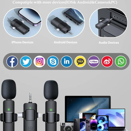 3 in 1 Wireless Microphone for iPhone Android Wireless Lavalier Microphone Noise Canceling Lapel Mic for Interview Video Podcast